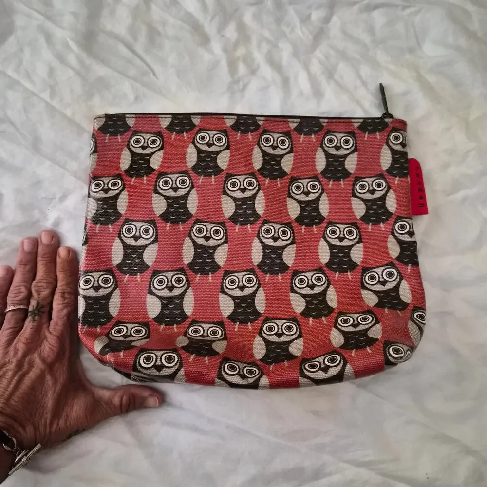 Nicky James London Owl Print Makeup Bag Red Canvas Cosmetic Pouch Case